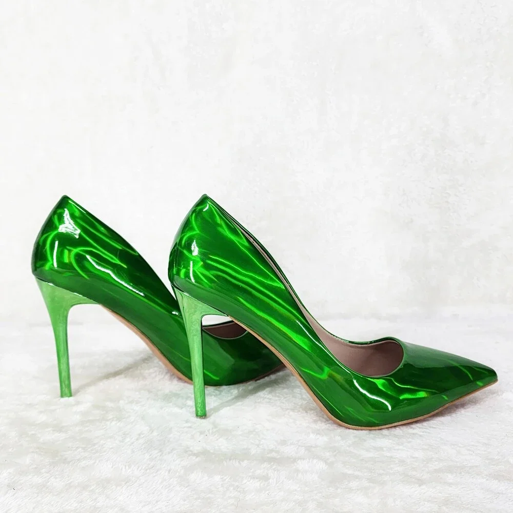 Jewels Bright Green Metallic Hologram 4" Heel Stiletto Shoes Pointy Toe Pumps